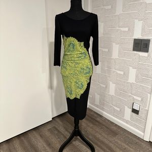 BCBG Maxazria Midi Dress - Bodycon Lime Green & Turquoise on Black